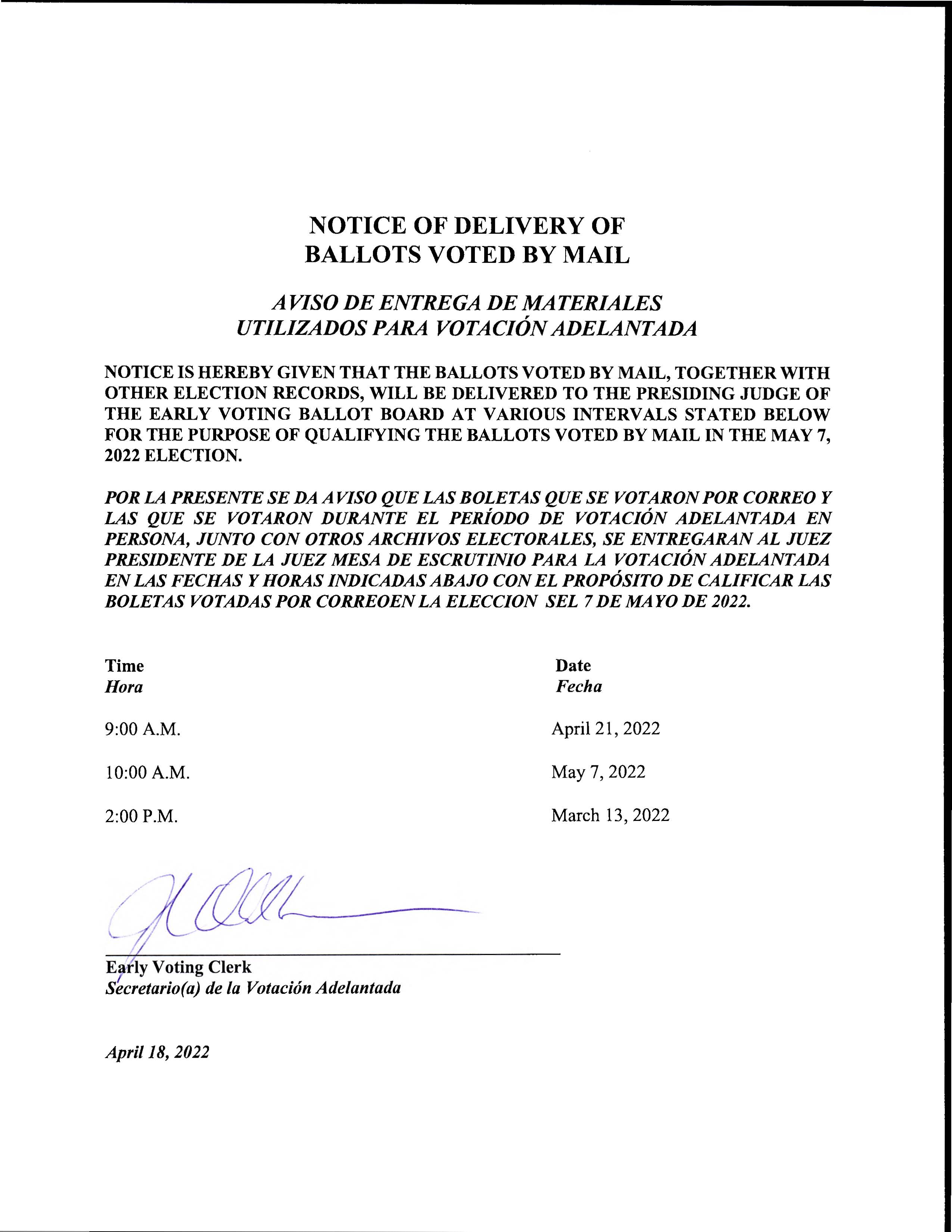 NOTICE OF DELIVERY OF BALLOTS VOTED BY MAIL